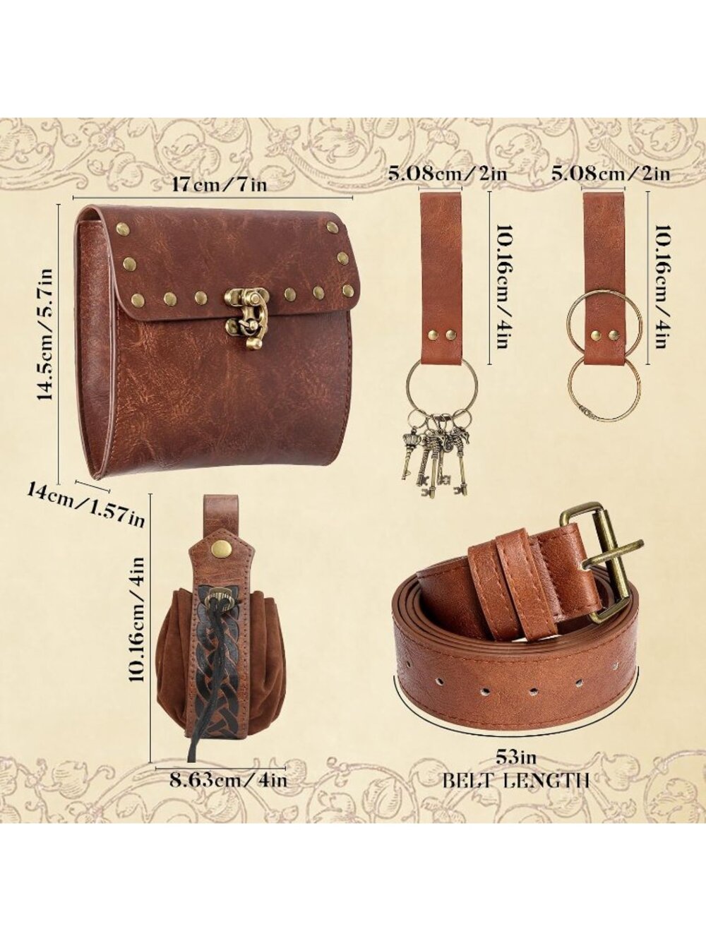 Renaissance Brown B Medieval Belt Pouch Set Removable Pouch and Drawstring Bag - Picture 6 of 6